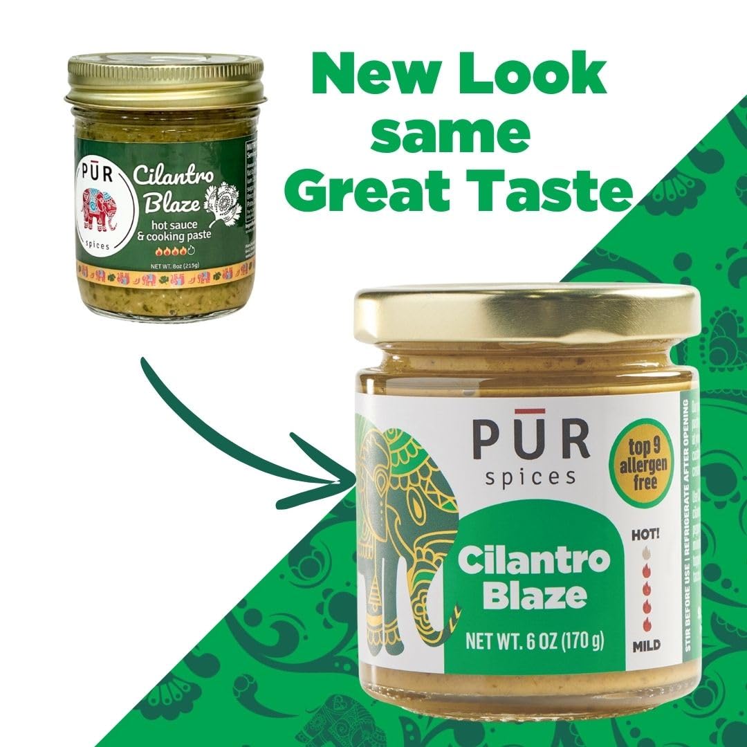 PUR Spices Cilantro Blaze I Hot Sauce & Tangy Cilantro Chutney I Fresh Cilantro, Garlic, Lime and Hot Peppers I Plant Based, Glu
