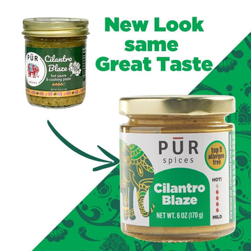 PUR Spices Cilantro Blaze I Hot Sauce & Tangy Cilantro Chutney I Fresh Cilantro, Garlic, Lime and Hot Peppers I Plant Based, Glu