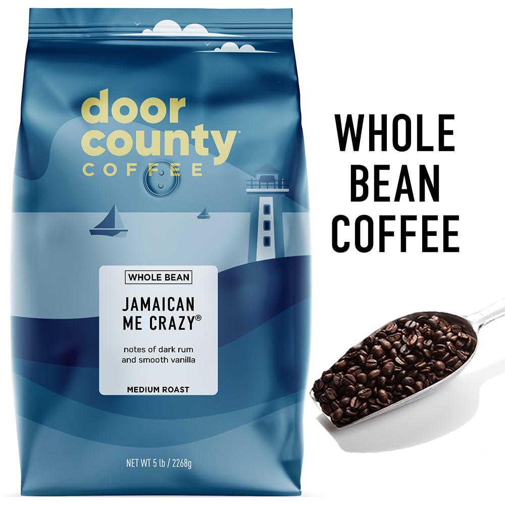 Door County Coffee Jamaican Me Crazy® Flavored Coffee Whole Bean, Medium Roast, 5lb Bag, 100% Specialty Arabica
