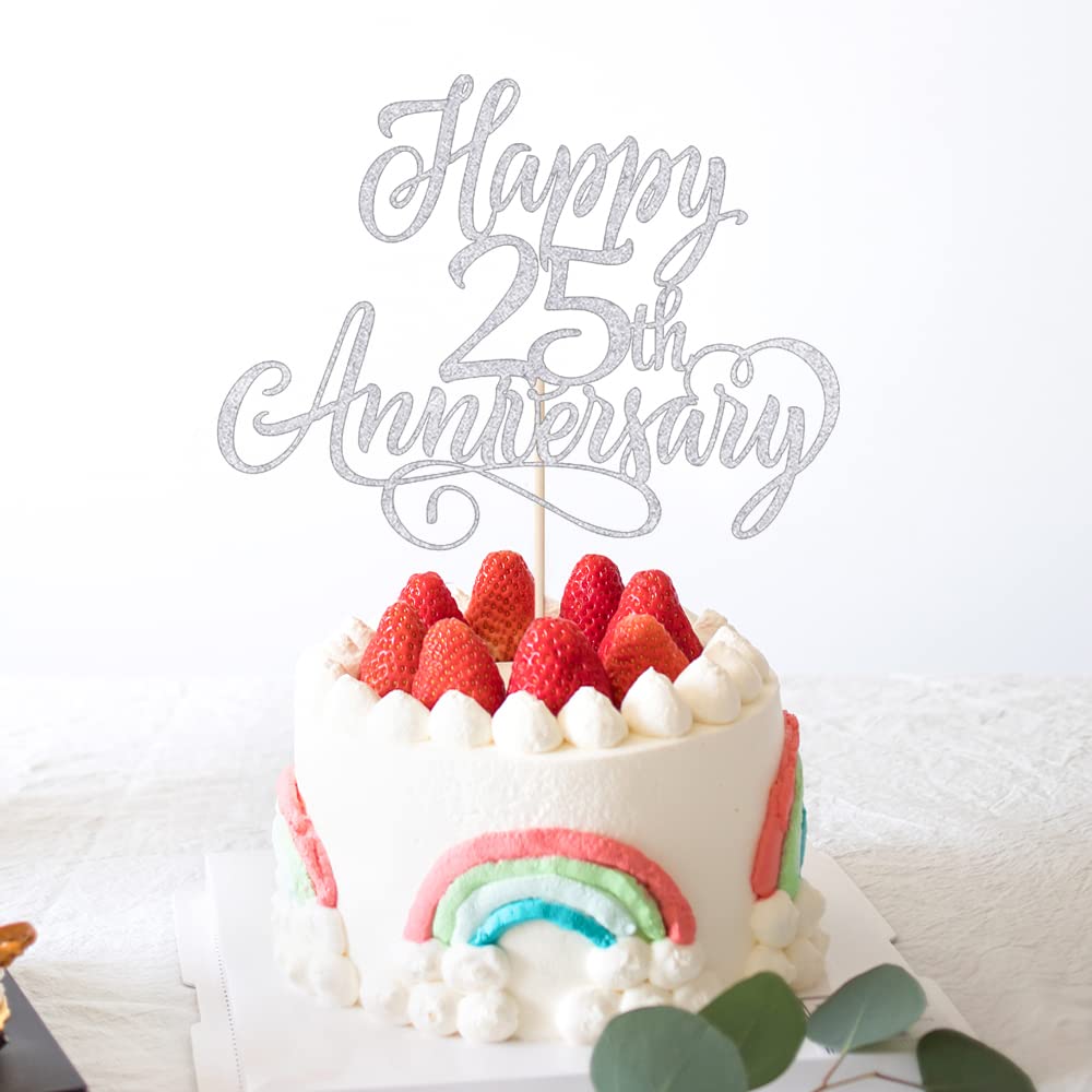 Arokippry Silver Glitter Happy 25Th Anniversary Cake Topper - Company Anniversary Party /25Th Birthday Party Decorations