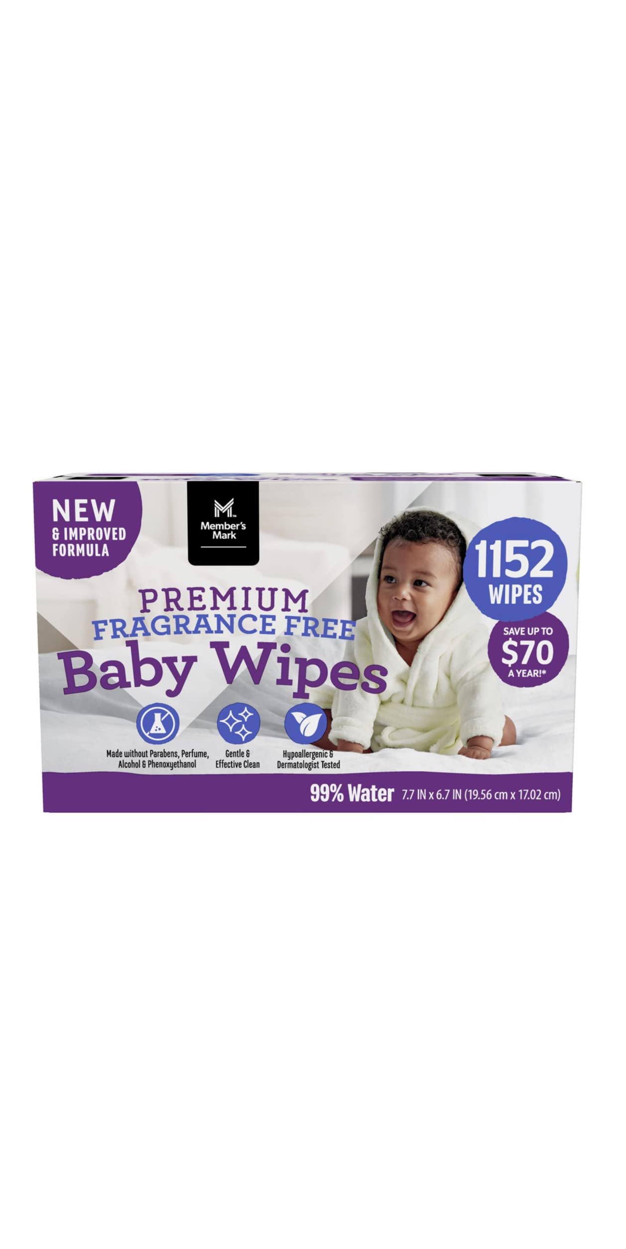 Members Mark Fragrance Free Baby Wipes, 12 Pack of 96 Wipes Each, Cotton, Model TS0417-A700ML-M1616