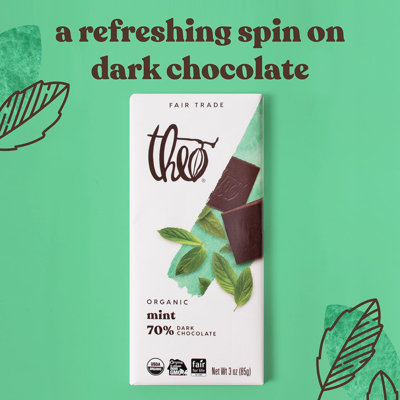 Theo Chocolate Dark Chocolate Mint Bar 3 Oz -Pack Of 12