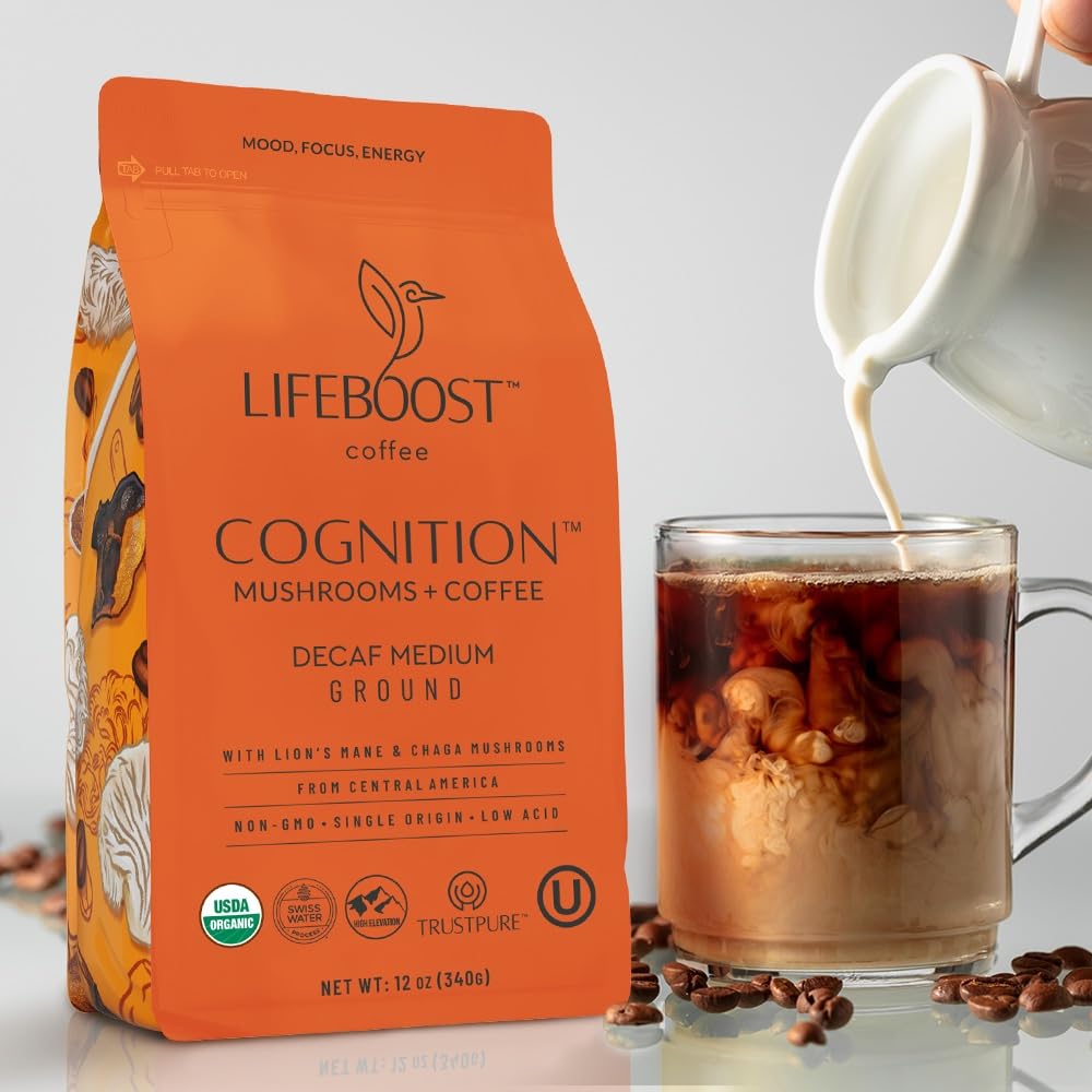 Lifeboost Cognition Adaptogenic Decaf Mushroom Coffee - Low Acid Decaf Medium Organic Coffee With Nootropic Lions Mane & Chaga M