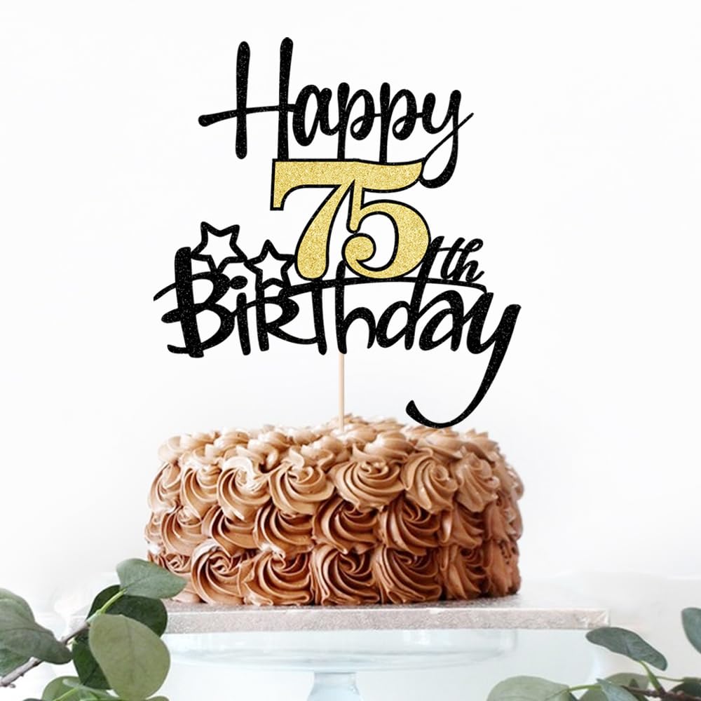 Kaoenla Black Gold Glitter Happy 75Th Birthday Cake Topper - Hello 75/Cheers75,Happy Fourteen Birthday Anniversary,75 Years Old