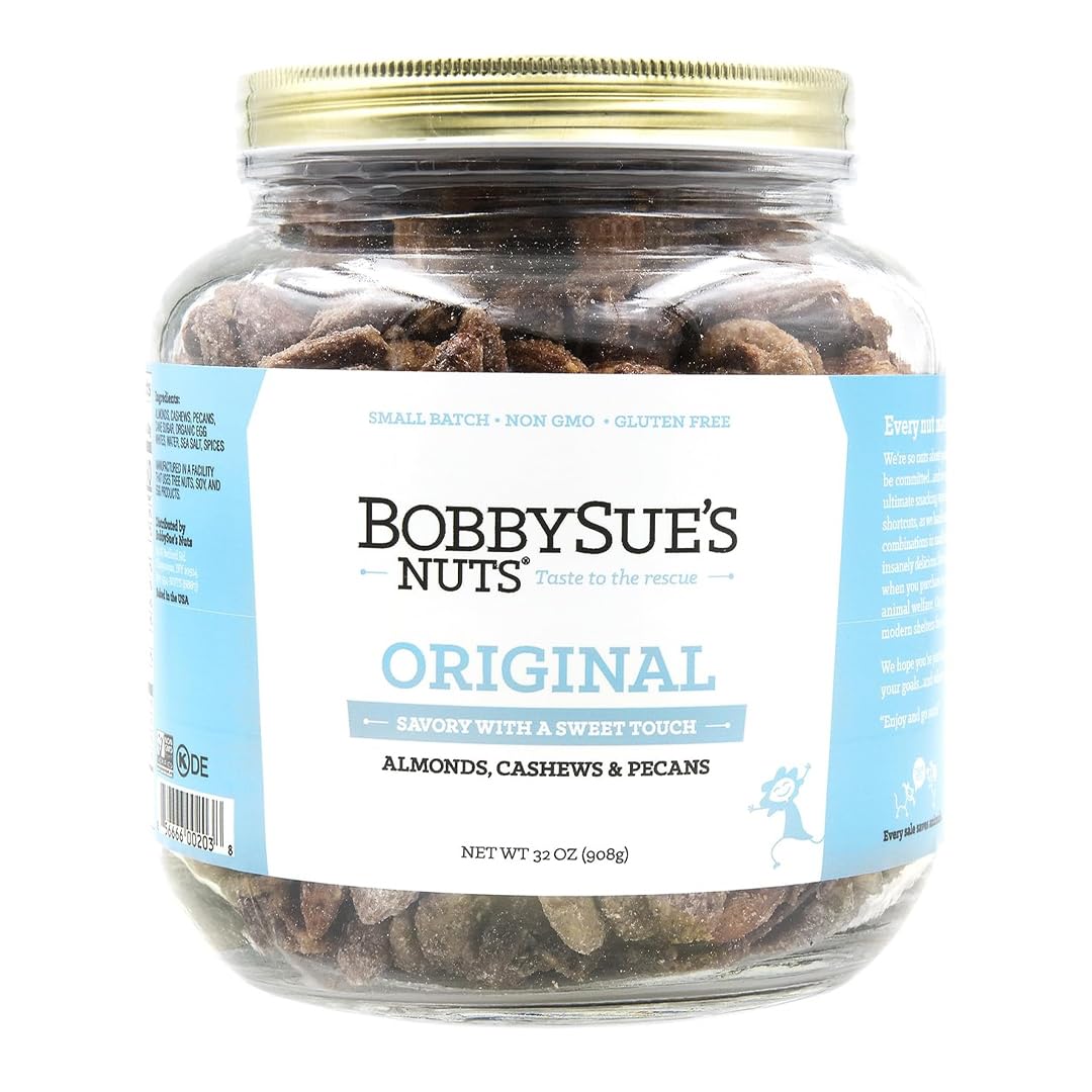 BobbySues Nuts Original Style, All Natural, Healthy Snack, Gluten Free, Low Sugar, and High Protein Nuts Mix of Almonds, Cashew