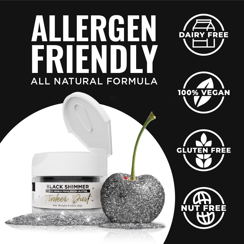 Bakell - Black Shimmer Tinker Dust (5G, 1X Jar) Edible Glitter For Food, Desserts, And Beverages!