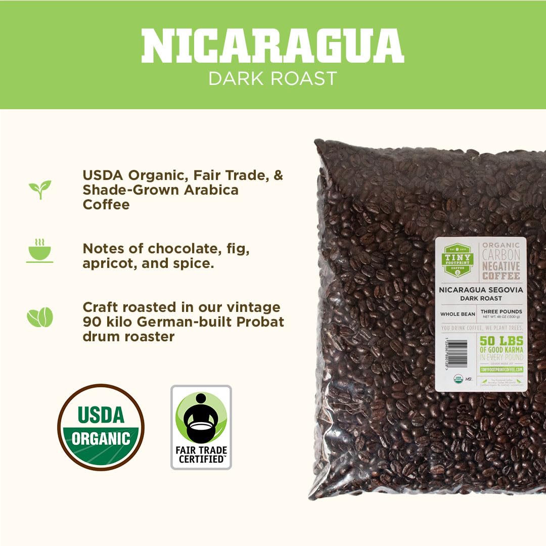 Tiny Footprint Coffee - Fair Trade Organic Nicaragua Segovia Dark Roast | Whole Bean Coffee | USDA Organic | Fair Trade Certifie
