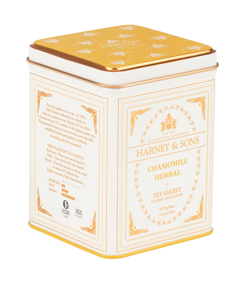 Harney & Sons Chamomile Herbal Tea, Classic Tin, 20 Sachets, White