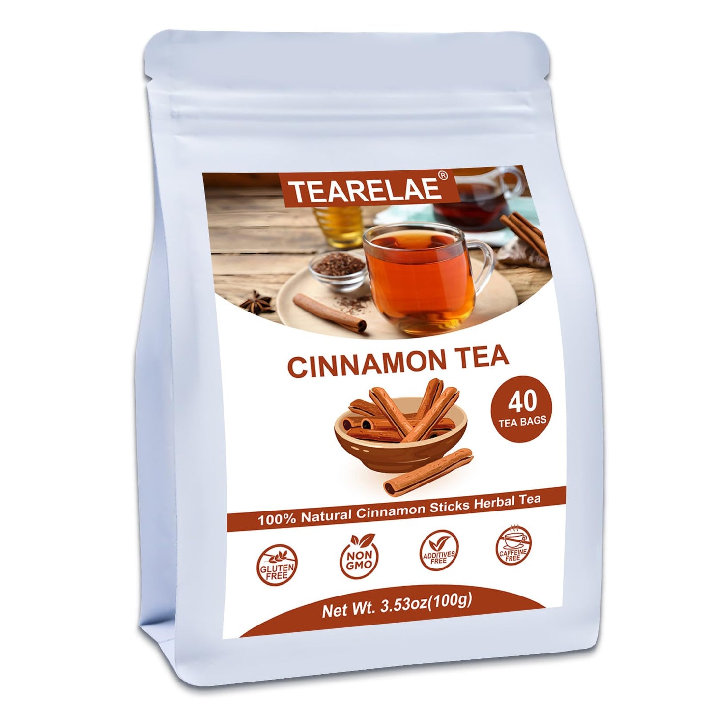 TEARELAE Cinnamon Tea Bags - Hot Spice Tea, Caffeine-Free, Non-GMO, 40 Count