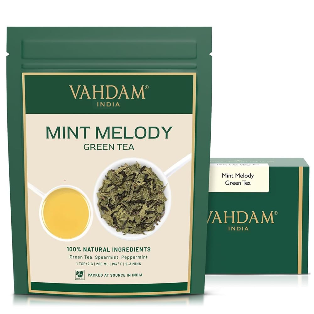 VAHDAM Mint Green Tea Loose Leaf, Cool Peppermint, 3.5 oz, Light Green, Low Caffeine, Vacuum Sealed for Freshness