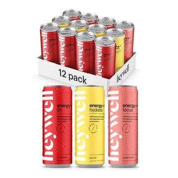 Heywell Sparkling Adaptogenic, Water Energy And Focus, Energy Variety Pack, 12 Fluid Ounce (Pack Of 12) - Caffeinated, Organic,