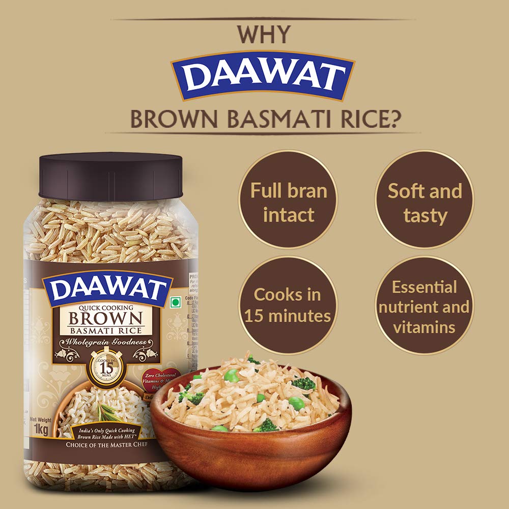 Daawat Brown, Cooks In 15-Minute, Full Bran Intact, Fibre-Rich Basmati Rice Jar, 1 Kg