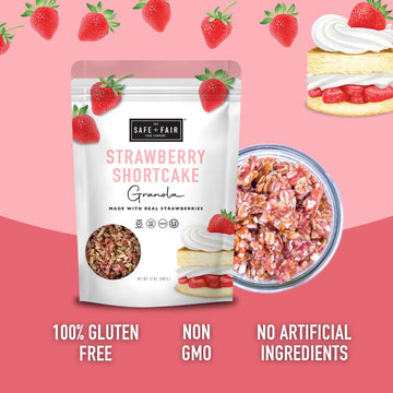 Safe + Fair Strawberry Shortcake Granola - Gluten-Free, Dairy Free and Vegan Breakfast, Snack or Dessert - Free From Top 9 Aller