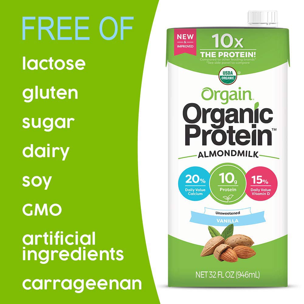 Orgain Organic Plant Based Protein Almond Milk, Unsweetened Vanilla - Non Dairy, Lactose Free, Vegan, Gluten Free, Soy Free, No