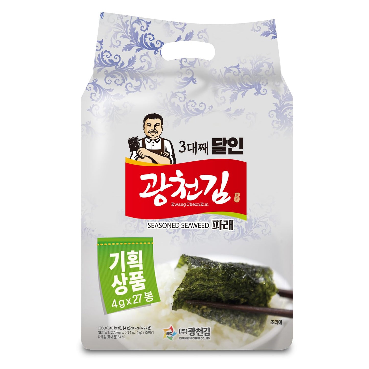 KWANGCHEONKIM Seasoned Seaweed Snacks - 27 Packs of Roasted Laver, 4g Each, Total 108g