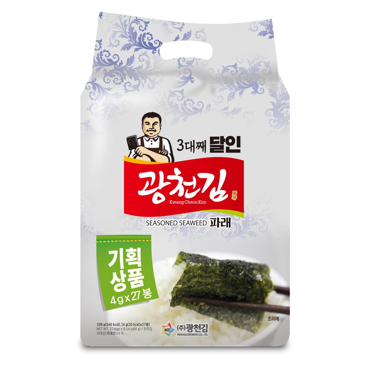 KWANGCHEONKIM Seasoned Seaweed Snacks - 27 Packs of Roasted Laver, 4g Each, Total 108g