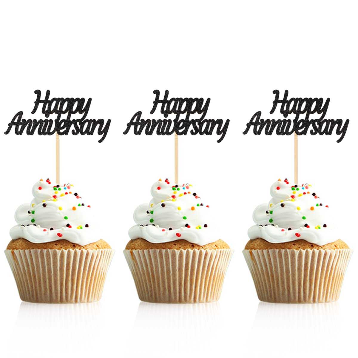 Donoter 48 Pcs Black Glitter Happy Anniversary Cupcake Toppers Picks For Anniversary Party Cake Decorations
