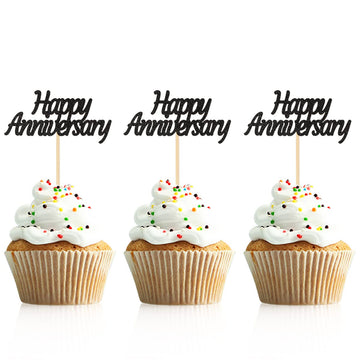 Donoter 48 Pcs Black Glitter Happy Anniversary Cupcake Toppers Picks For Anniversary Party Cake Decorations