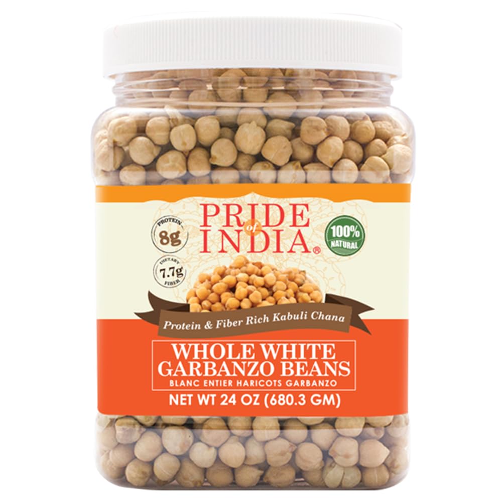 Pride Of India - Indian Whole White Garbanzo Beans 10mm - Protein & Fiber Rich Kabuli Chana, 1.5 Pound Jar