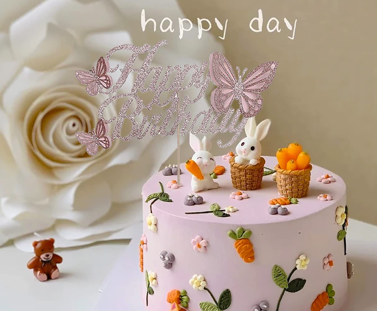 HaakLux Cake Topper Set, Glitter Double Sided Rose Gold Butterfly, 20 Pink Cupcake Toppers, Birthday Party Decor
