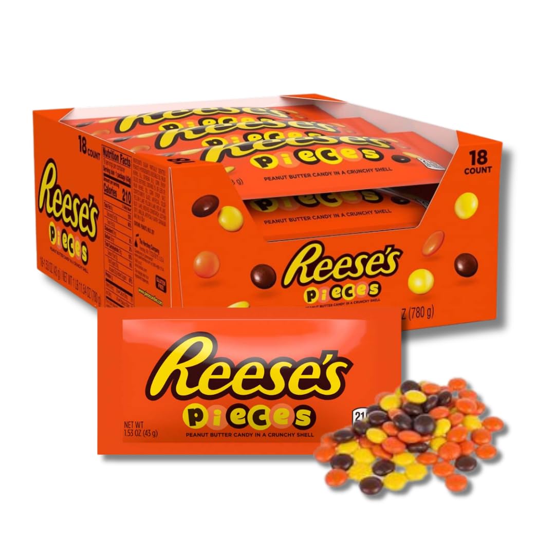 Reeses Pieces - Classic Peanut Butter Candies In Colorful Hard Shell - Gift Pack Of 18, 1.53 Oz. Bags By Lyzas Sweets &  