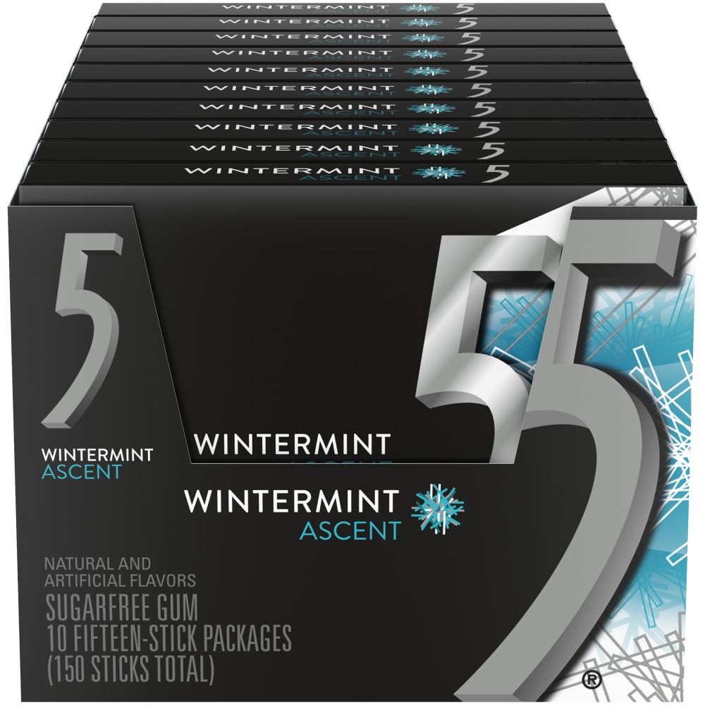 5 Gum Wintergreen Ascent Sugar Free Chewing Gum Bulk, 15 Stick Box (Pack Of 10)