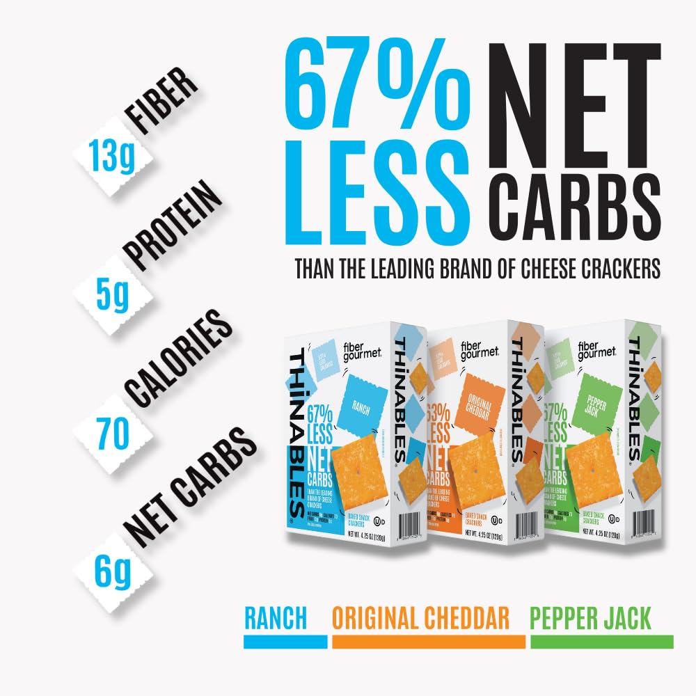 Fiber Gourmet Thinables Baked Cheese Crackers Healthy Low Net Carb Keto - Real Cheddar, High Fiber, 70 Calories, 6g Net Carbs, 1