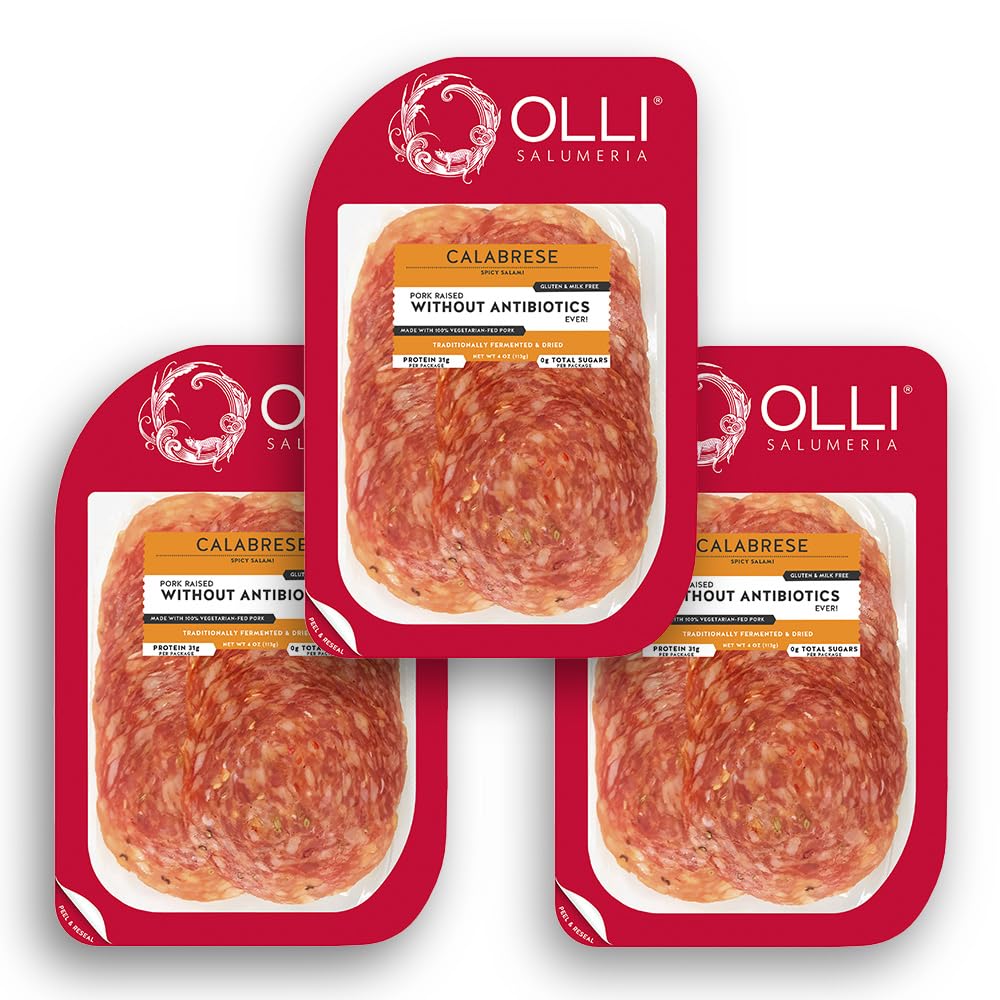 Olli Salumeria, Pre-Sliced Salami, Calabrese - Zesty Cayenne Pepper and Paprika (4oz, 3 Pack)