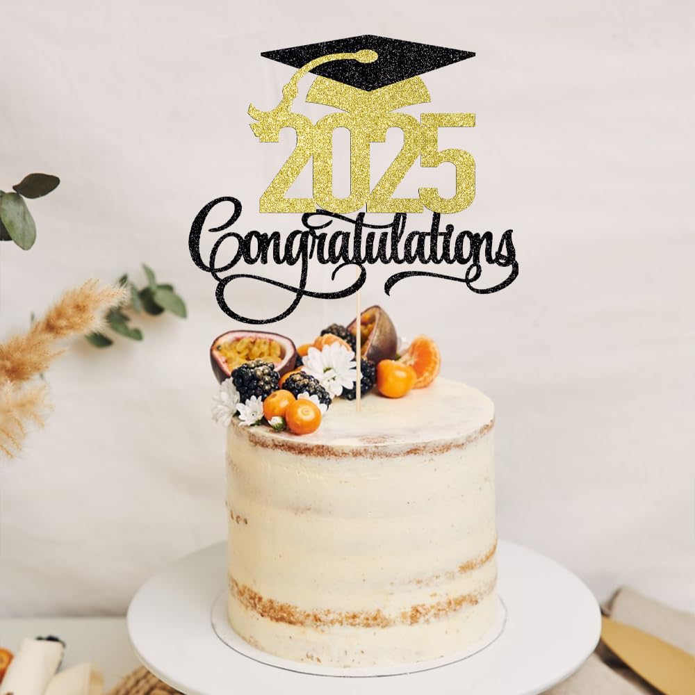 Florcmet Graduation Cake Topper, Black Gold Glitter, 5.1 x 6.5 inches, 2025 High School/College/Senior Decor