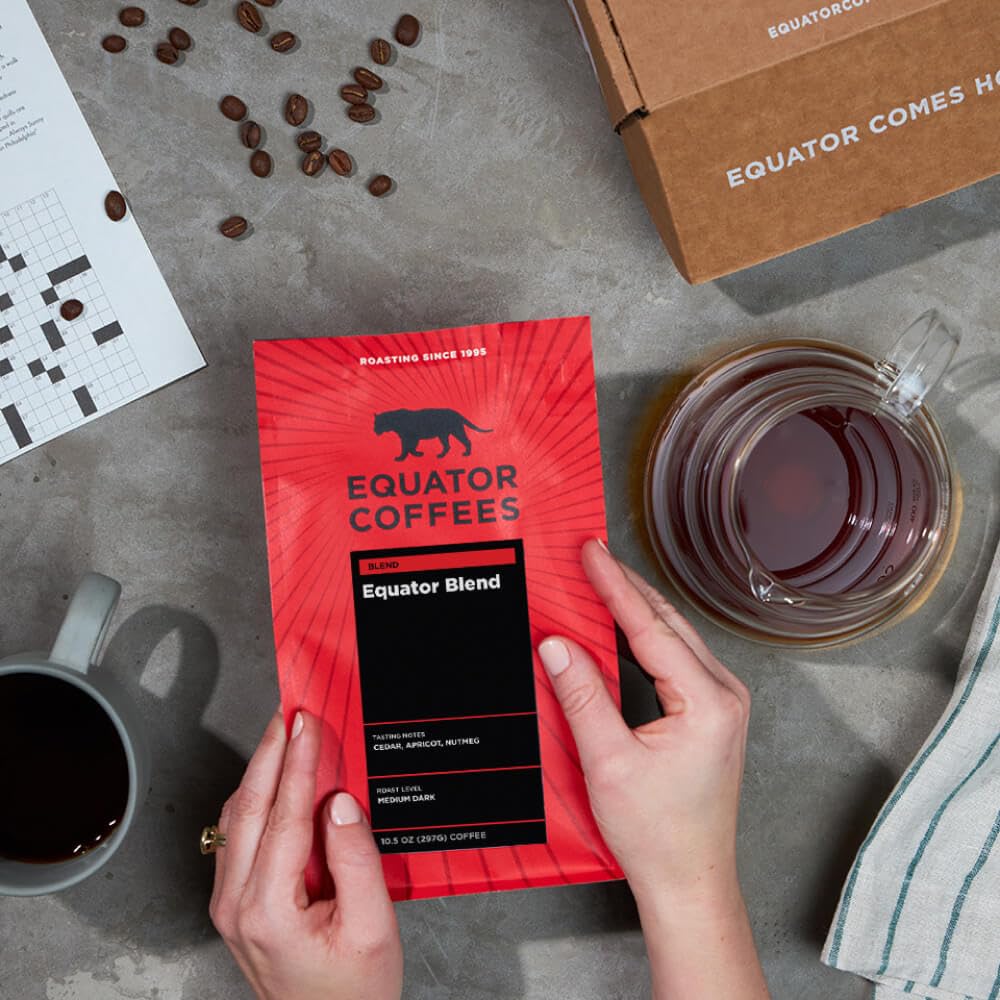 Equator Coffees, Equator Blend Whole Bean Coffee, Medium Dark Roast, Fresh Roasted, Smooth Chocolate & Nutmeg Flavor Notes, Sustainable, 10.5 Oz Bag