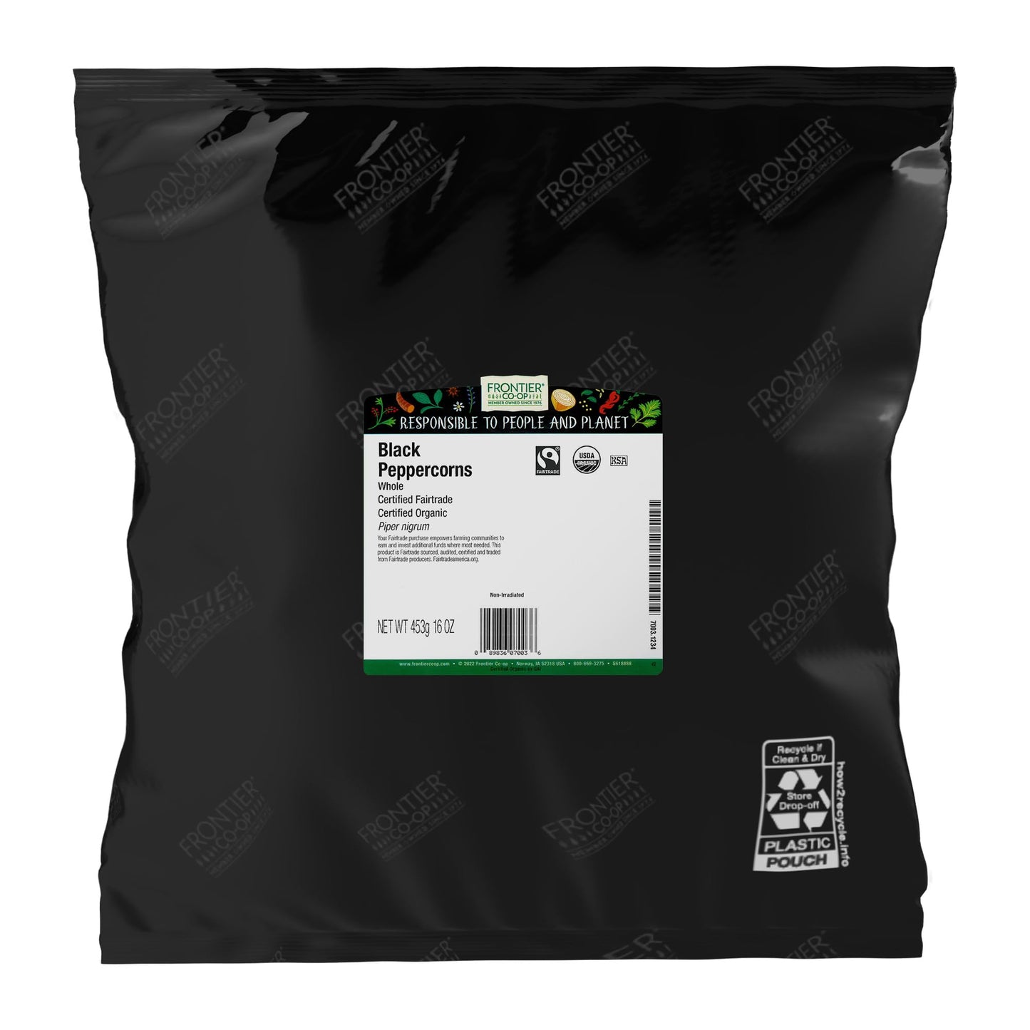 Frontier Co-op Organic Whole Black Peppercorns, 16 oz Bulk Bag, Fair Trade, Spice for Grinders and Cooking