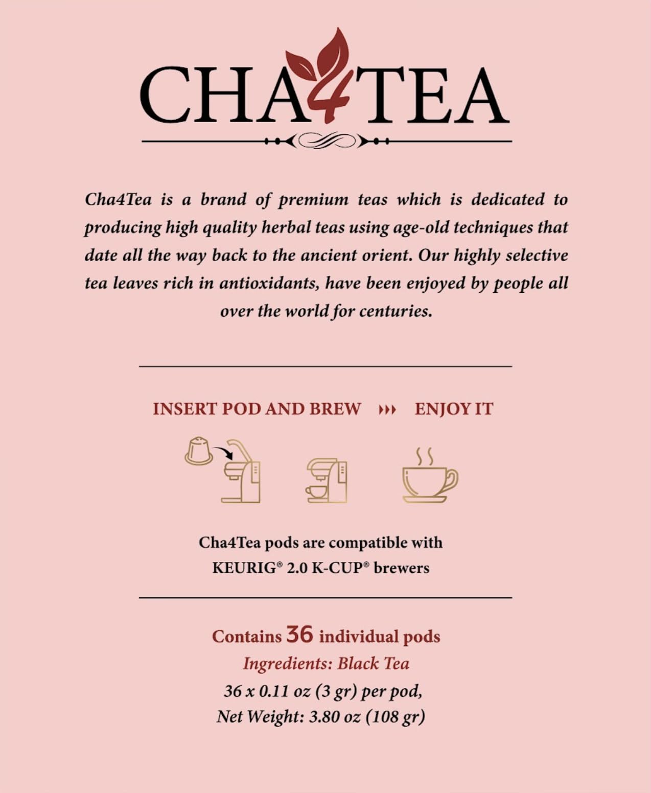 Cha4TEA Black Tea Pods for Keurig K-Cup malt-inspired, 36 Count, Model TE-002-1
