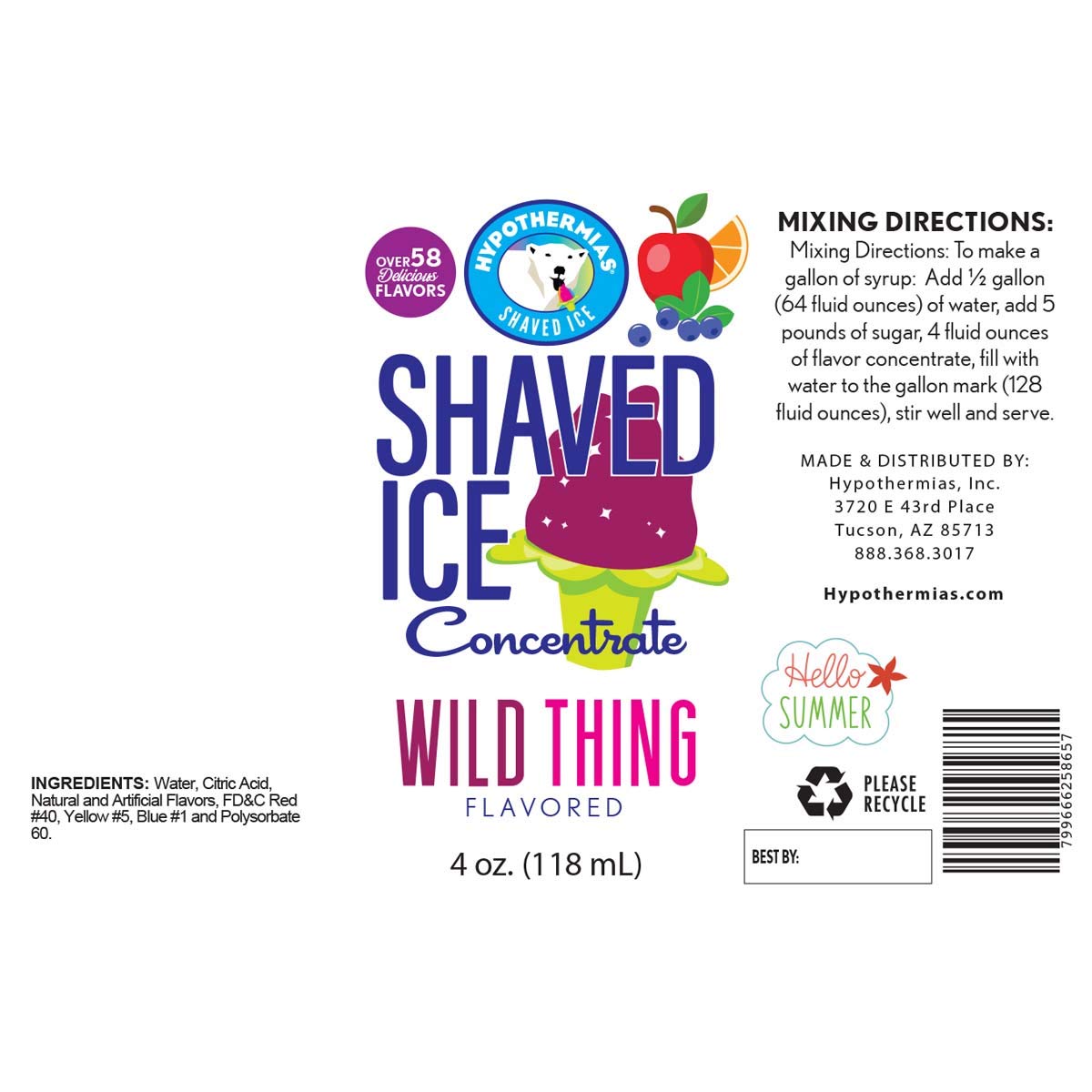 Hypothermias Shaved Ice And Snow Cone Syrup Unsweetened Flavor Concentrate - 4 Fl Oz - Makes 1 Gallon Of Ready To Use Syrup - Wi