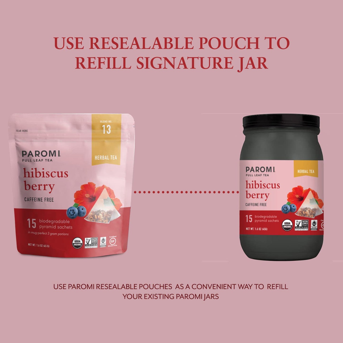 Paromi Hibiscus Berry Organic Herbal Tea - Signature Jar, 15 Count