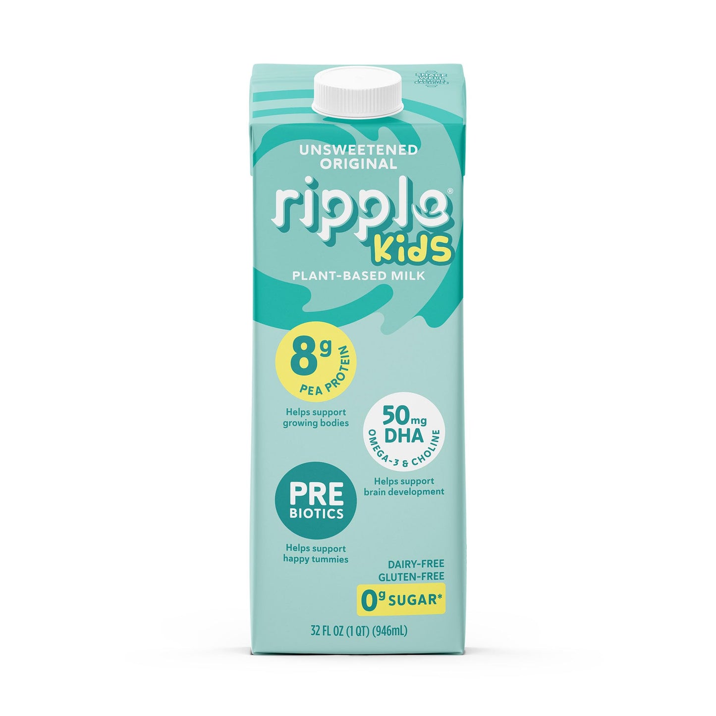 Ripple 32 oz Plant Based Milk 8g of Quality Sourced Pea Protein  Calcium Rich | Shelf Stable | Vegan & Non GMO Certified | Dairy  Soy  Nut  Gluten  & Lactose Free (Pack of 6) (32 Fl Oz (Pack of 6)  Kids Unsweetened)