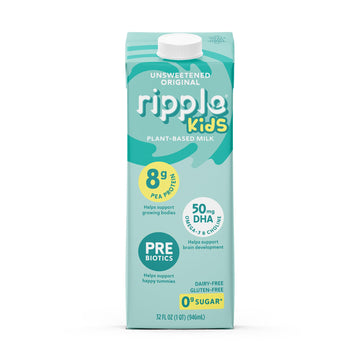 Ripple 32 oz Plant Based Milk 8g of Quality Sourced Pea Protein  Calcium Rich | Shelf Stable | Vegan & Non GMO Certified | Dairy  Soy  Nut  Gluten  & Lactose Free (Pack of 6) (32 Fl Oz (Pack of 6)  Kids Unsweetened)