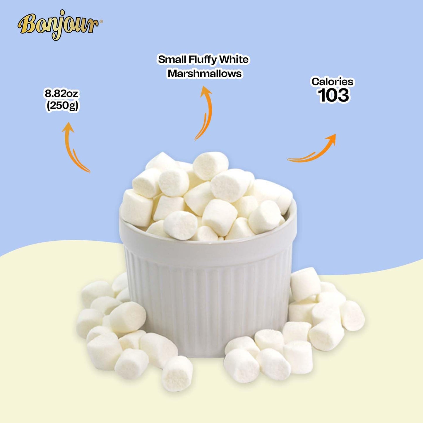 Bonjour Mini Marshmallows - Vanilla Flavored, Halal, Low Fat, Dye Free - 8.82 Oz (250 g) Small Snack for Hot Chocolate and Smores