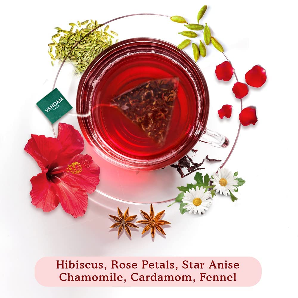 Vahdam, Hibiscus Flowers Herbal Tea Bags (15 Count) Caffeine Free, Non Gmo, Gluten Free Hibiscus Tea | Floral Flavor Tisane - Hibiscus Rose Petals & Exotic Spices | Resealable Ziplock Pouch