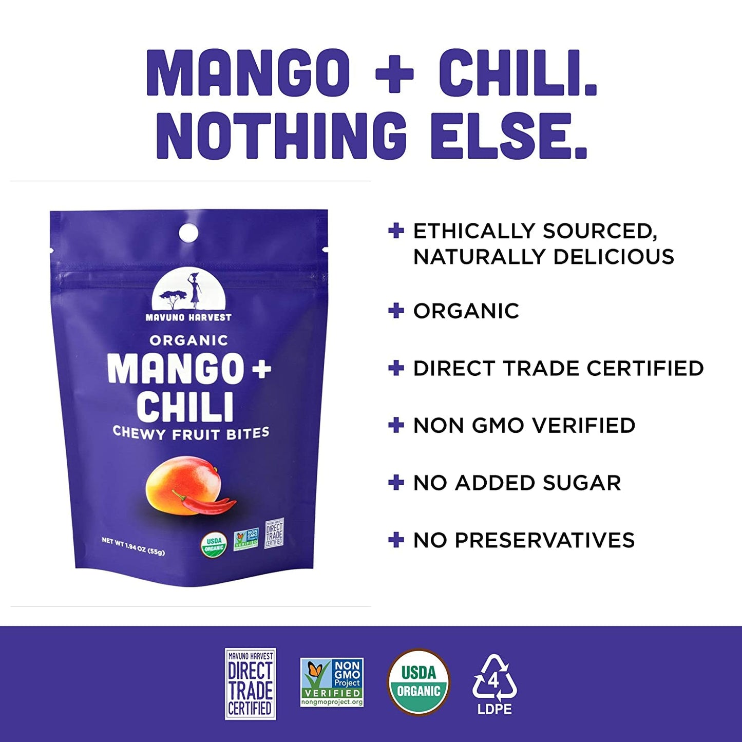 Mavuno Harvest Organic Fruit Snacks - Chewy Fruit Bites - Mango & Chili - 1.94 oz - Pack of 8 - Non-GMO, No Preservatives
