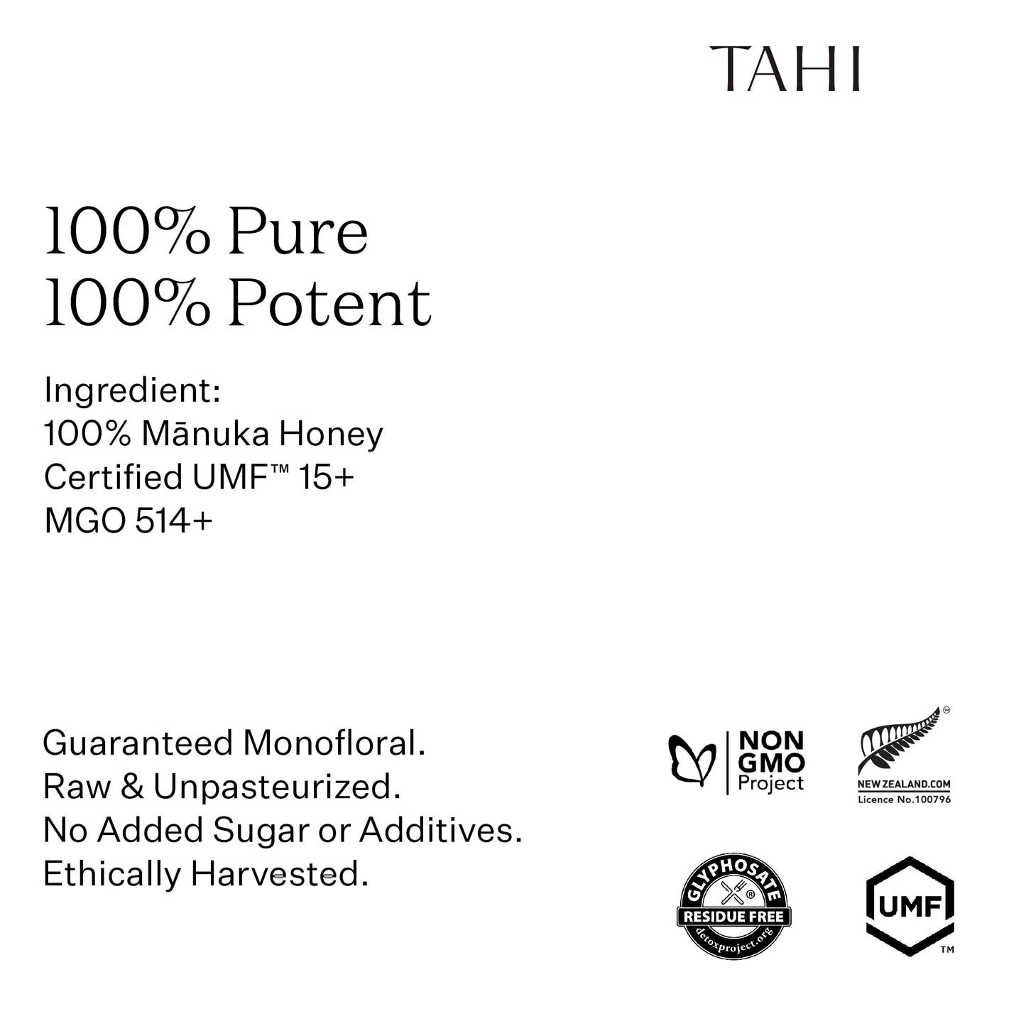 Tahi Raw Manuka Honey New Zealand Umf 15+ Certified (Mgo 514+) - 100% Sustainable, Monofloral And Natural Honey - Non-Gmo, Glyph