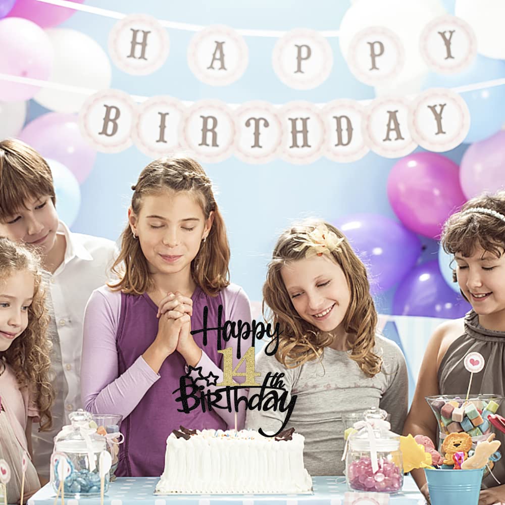 Kaoenla Black Gold Glitter Cake Topper - Happy 14th Birthday, Plastic, 14th Model