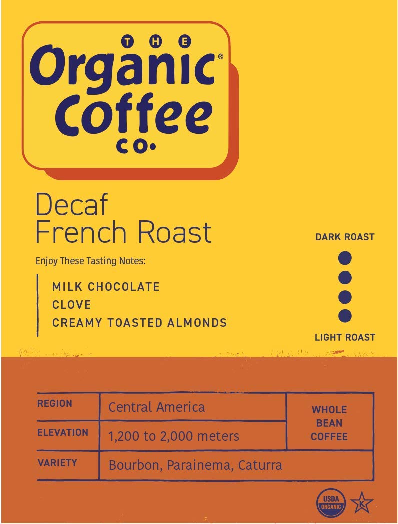 THE ORGANIC COFFEE CO. DECAF French Roast Whole Bean Coffee - Dark Roast, 2lb Bag, Swiss Water Processed, Coffee Flavor