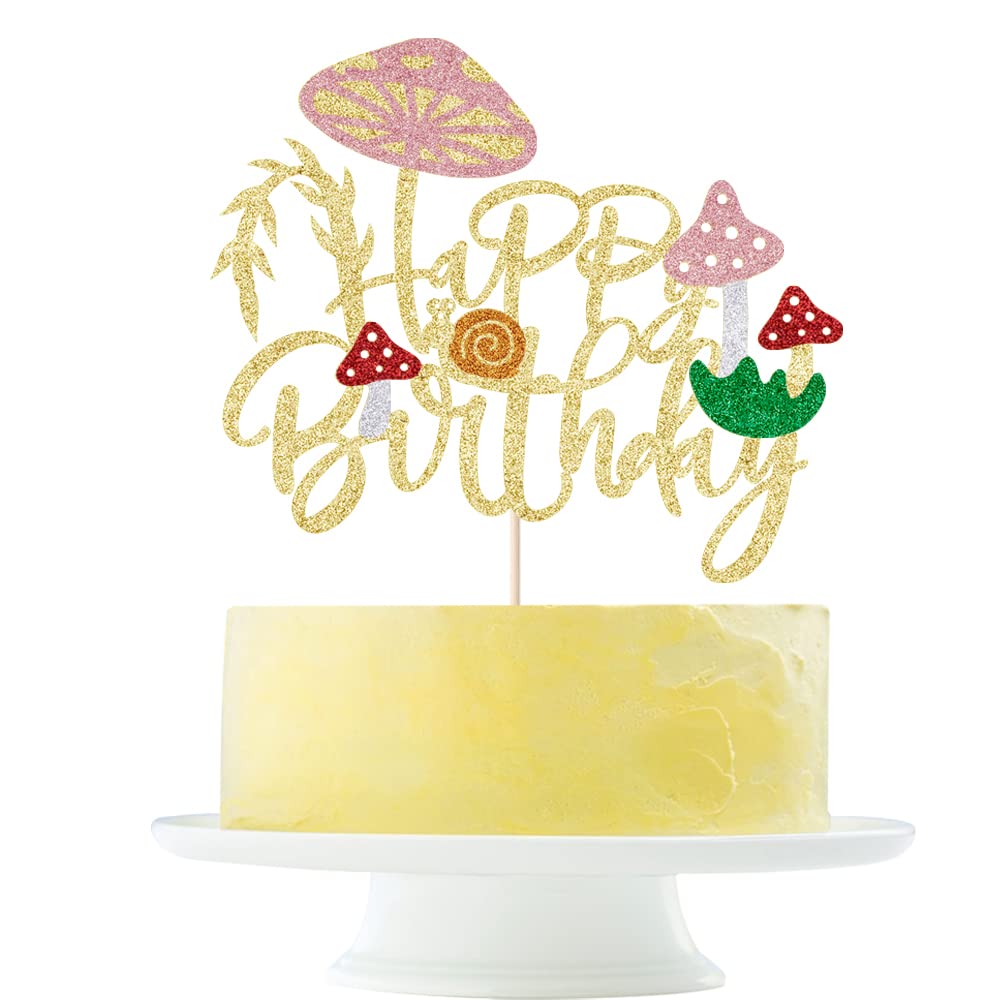 Yetxel Mushroom Cake Topper - Glitter Gold, Paper, 5.8 x 6.6 inches, Red, Regus Model - Birthday Party Decorations for Boys & Girls