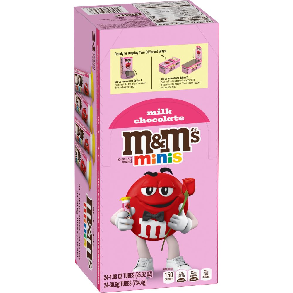 M&MS Valentines MINIS Milk Chocolate Candy, Valentine Chocolate Candy Gifts Bulk, 1.08 Ounce Tube (Pack of 24)