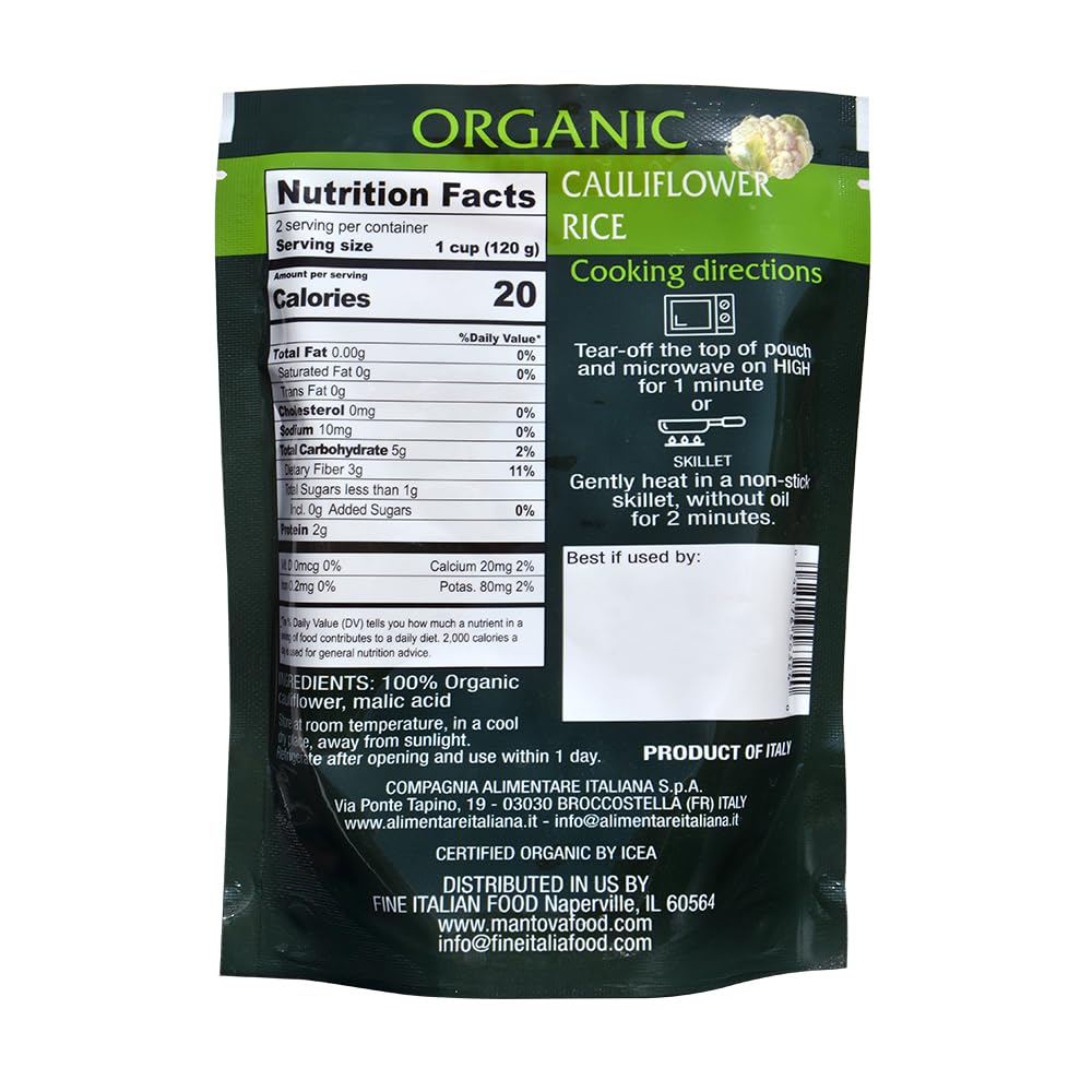 Mantova Organic Cauliflower Rice, 8.5 Oz. (Pack Of 6), Product Of Italy, One-Pot Meal, Ready-In-Minutes Cauliflower Rice, All-Na