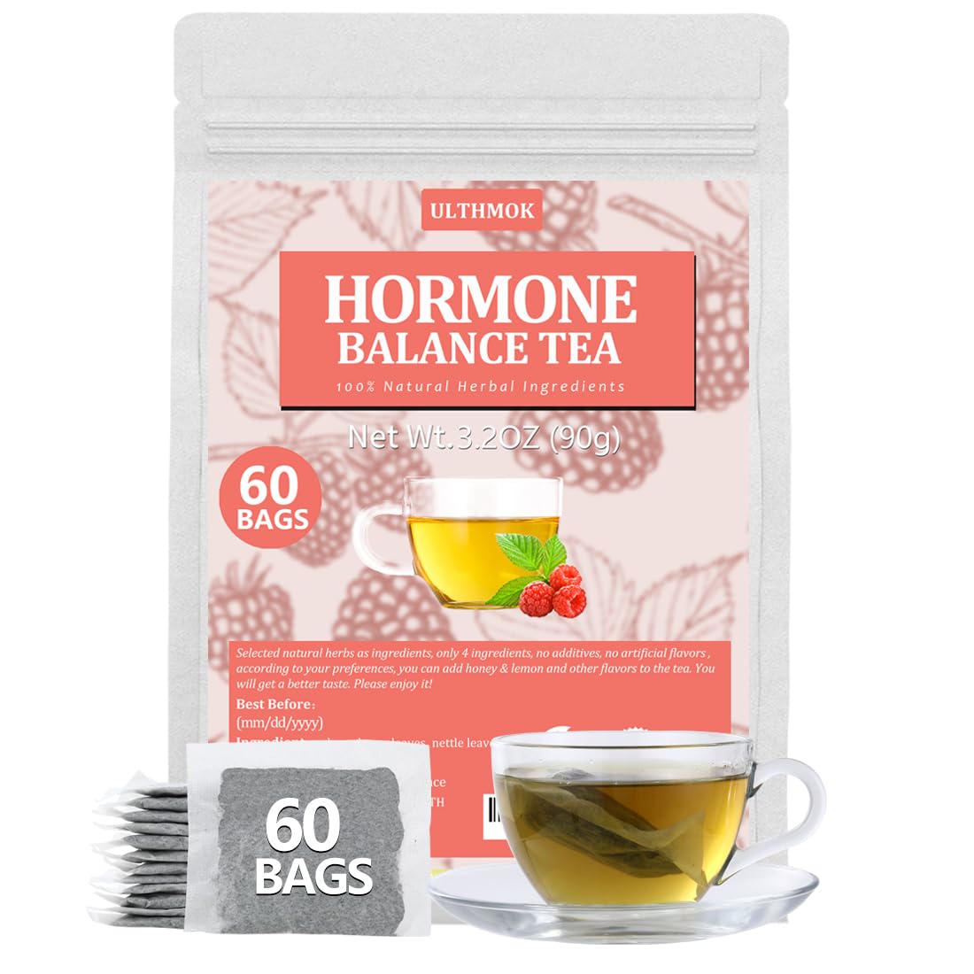 Top-Grade 60 Body Support Balance Tea Bags  Made With 100% Natural Herbal Ingredients  Red Raspberry Leaves  Menstrual Cycle Support  No Artificial Flavors & Energy Blend Free.