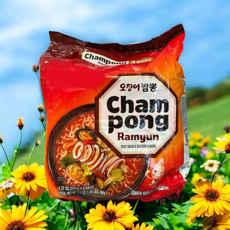 Generic Case Set - Champong Spicy Seafood Instant Noodles, 4 Bags x 4.58 Oz - Authentic South Korean Flavor