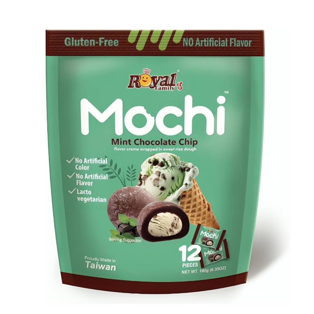 Japanese Mochi Daifuku, Mint Chocolate Chip Flavor, No Artificial Color and flavor, Lacto Vegetarian, 12 Pieces Individually Wra