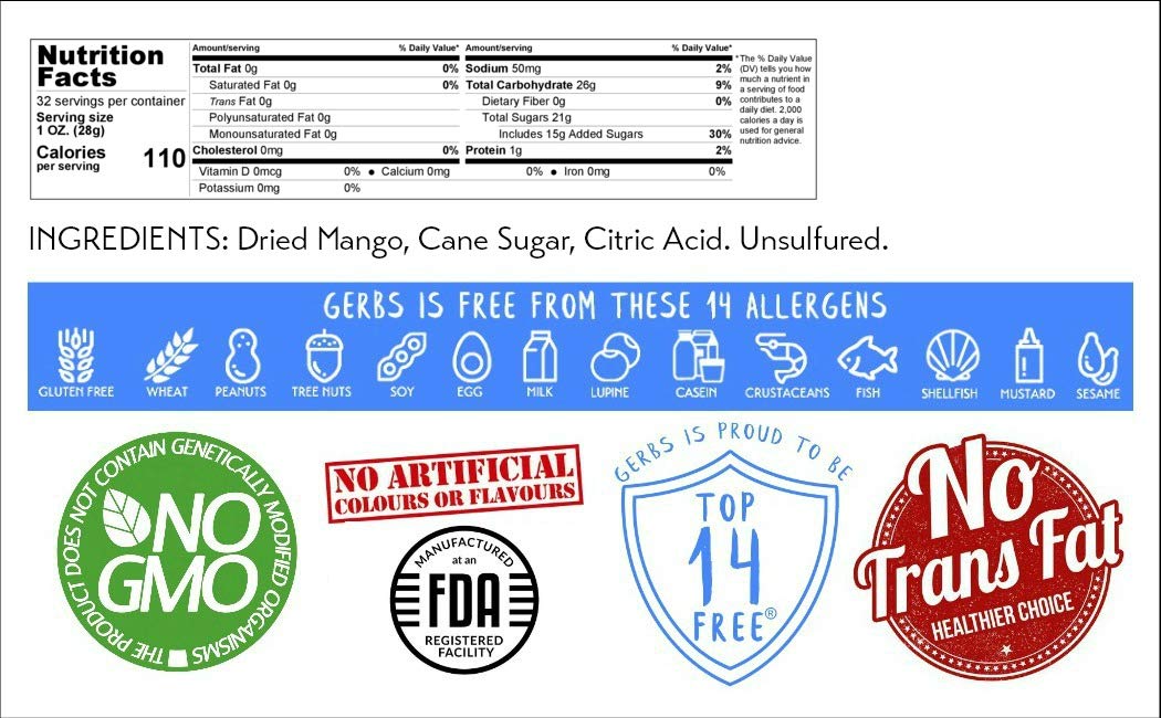 GERBS Dried Mango Slices 2 LBS. Sweet | Freshly Dehydrated Resealable Bulk Bag | Top Food Allergy Free | Sulfur Dioxide Free | D
