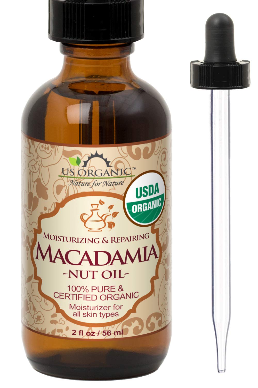 US Organic Macadamia Nut Oil, Unrefined Virgin, Cold Pressed, 2 Fl Oz, Golden Yellow, Amber Glass Bottle with Dropper
